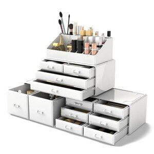 Makeup Organizer with Drawers Cosmetic Storage Box Vanity Case White Plastic